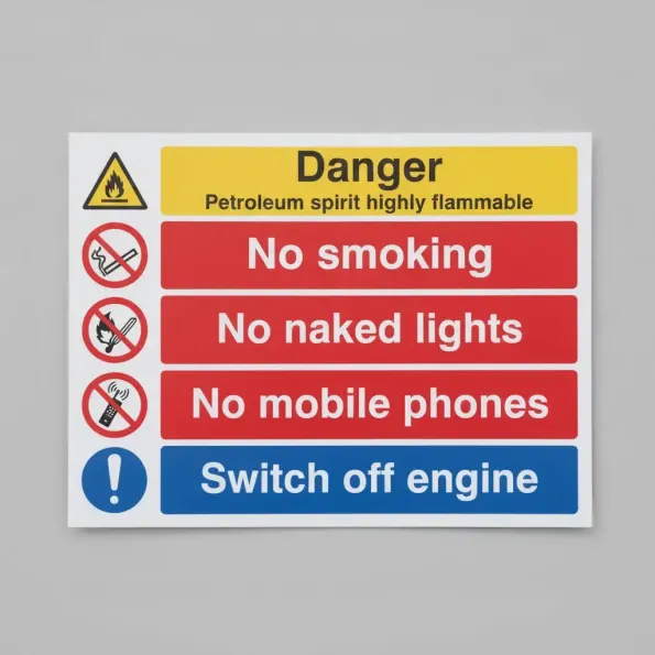Petroleum Spirit - Highly Flammable - No Smoking, Naked Lights, Mobiles - Switch off Engine Petroleum Spirit - Highly Flammable - No Smoking, Naked Lights, Mobiles - Switch off Engine