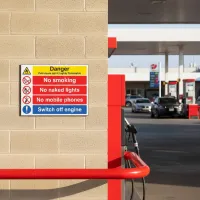 Petroleum Spirit - Highly Flammable - No Smoking, Naked Lights, Mobiles - Switch off Engine
