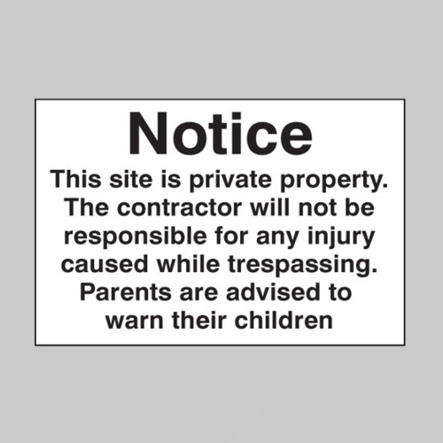Notice - Private Property - Not Responsible for Injury - Warn Children