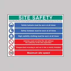 H&S Act - Helmet - Footwear - Hi Vis - No Access - No Unsupervised Reversing - 10mph - Multi-Message Site Safety Board