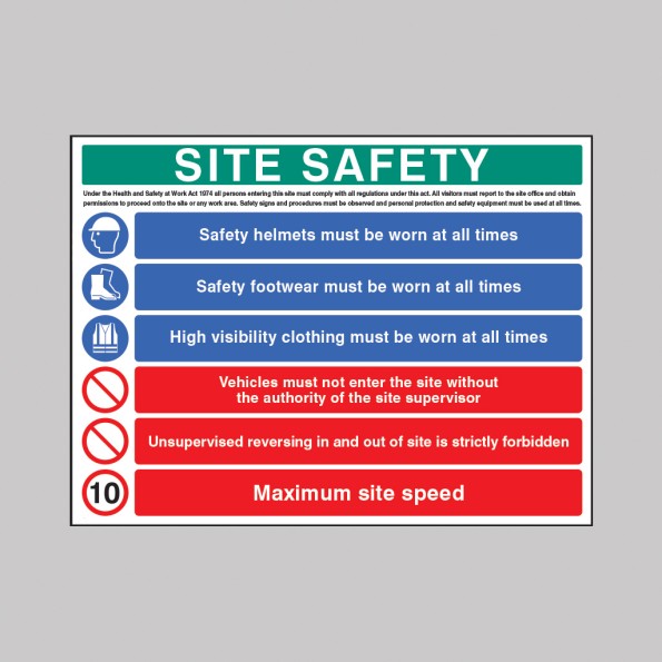 H&S Act - Helmet - Footwear - Hi Vis - No Access - No Unsupervised Reversing - 10mph - Multi-Message Site Safety Board