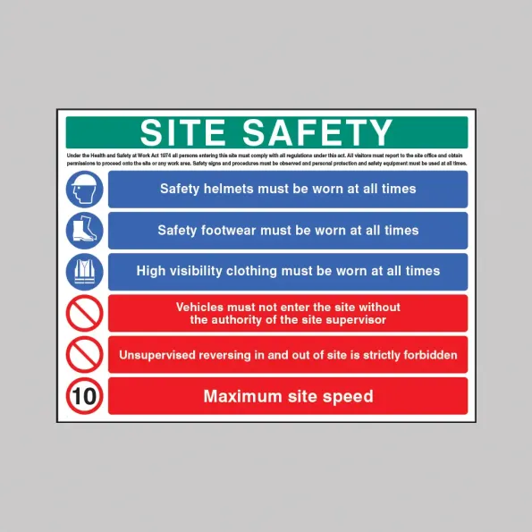 H&S Act - Helmet - Footwear - Hi Vis - No Access - No Unsupervised Reversing - 10mph - Multi-Message Site Safety Board