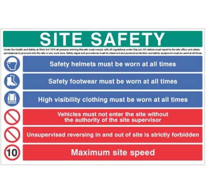 H&S Act - Helmet - Footwear - Hi Vis - No Access - No Unsupervised Reversing - 10mph - Multi-Message Site Safety Board