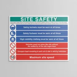 H&S Act - Helmet - Footwear - Hi Vis - No Access - No Unsupervised Reversing - 10mph - Multi-Message Site Safety Board