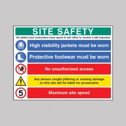 Site Safety - Report to Office - Hi Vis - Footwear - No Access - Liable for Prosecution - 5mph - Multi-Message Site Safety Board