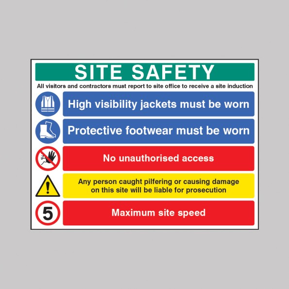 Site Safety - Report to Office - Hi Vis - Footwear - No Access - Liable for Prosecution - 5mph - Multi-Message Site Safety Board