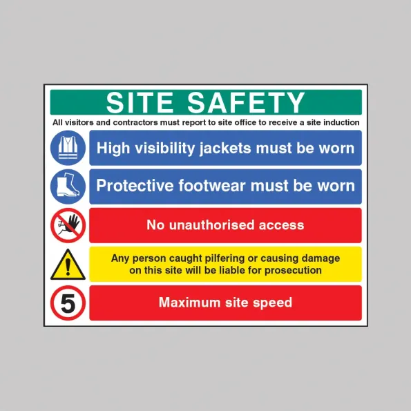Site Safety - Report to Office - Hi Vis - Footwear - No Access - Liable for Prosecution - 5mph - Multi-Message Site Safety Board