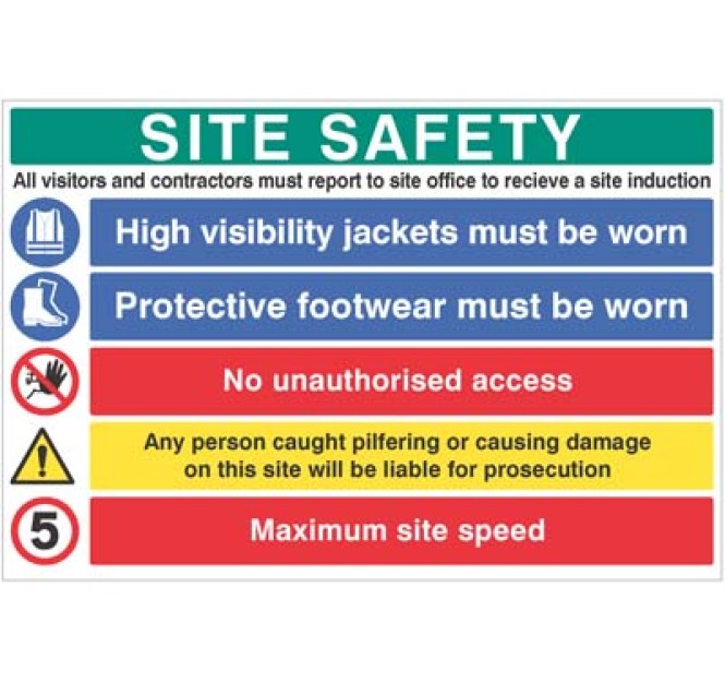 Site Safety - Report to Office - Hi Vis - Footwear - No Access - Liable for Prosecution - 5mph - Multi-Message Site Safety Board