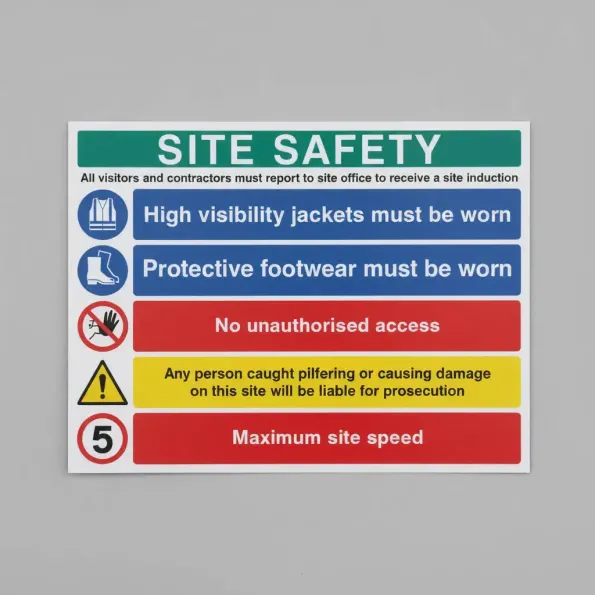 Site Safety - Report to Office - Hi Vis - Footwear - No Access - Liable for Prosecution - 5mph - Multi-Message Site Safety Board
