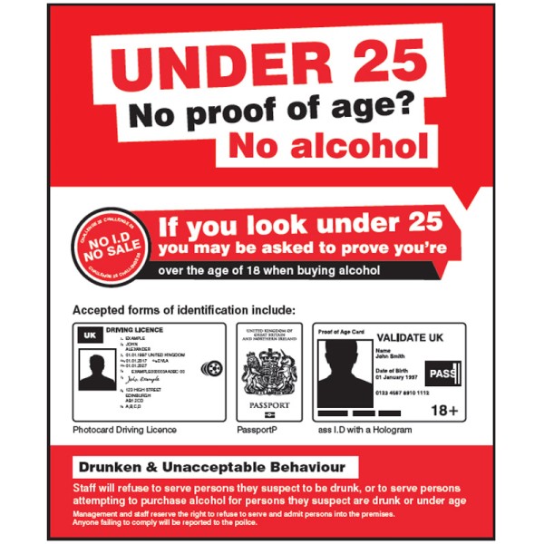 Essential Bar Licensing Sign Pack 3 Pz 25ml Alluminio Challenge 25 Sign No Proof Of Age No Alcohol - Spirit Measure 25ml Sign - Pub Restaurant Catering Silver - Foto 2