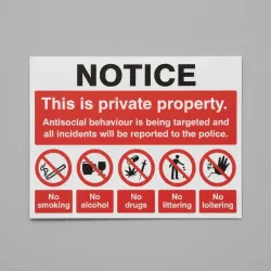 Notice - This is Private Property - Antisocial Behaviour is Being Targeted and Reported Notice - This is Private Property - Antisocial Behaviour is Being Targeted and Reported