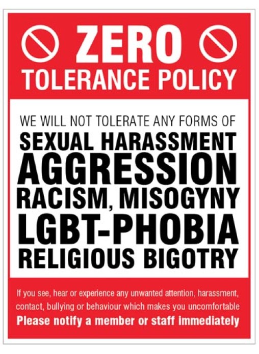 Zero Tolerance Policy Sexual Harassment Aggression Racism LGBT+