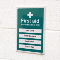 First Aiders Are (Space for 3 Photos - Names - Location - Telephone) - Adapt-a-Sign